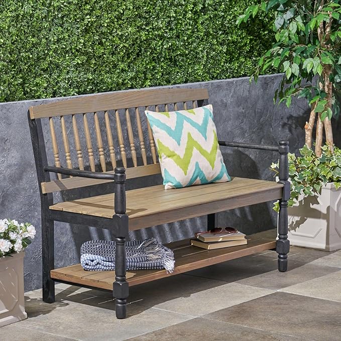 Merax 51" Outdoor Bench with Storage, Acacia Wood Metal Frame Chair Furniture for Garden Patio, Porch, Backyard, Park