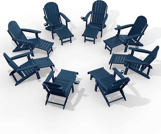 YEFU Adirondack Chair with Retractable Ottoman: Adjustable Folding Adirondack Chairs with Cup Holder - HDPE Plastic Outdoor Fire Pit Chairs Set of 8 - All Weather for Patio/Firepit/Outside/Pool(Navy)