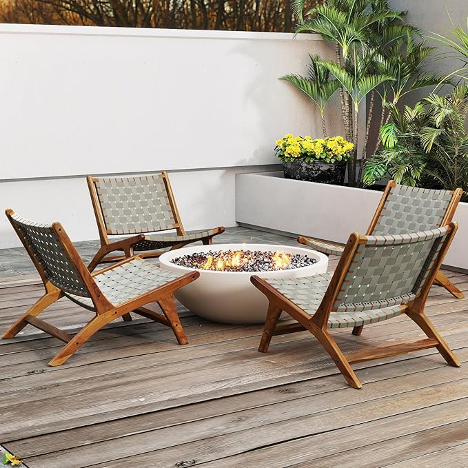 Tangkula Patio Teak Wood Chair Set of 2, Outdoor Mid-Century Accent Chair with Nylon Webbing Seat & Back, for Backyard, Porch, Balcony or Poolside