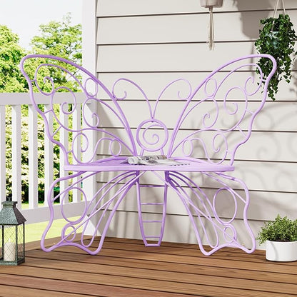 49 Inch Outdoor Bench, Purple Garden Bench with Metal Frame, Weatherproof Butterfly Front Porch Benches for Lawn, Garden, Yard, Balcony