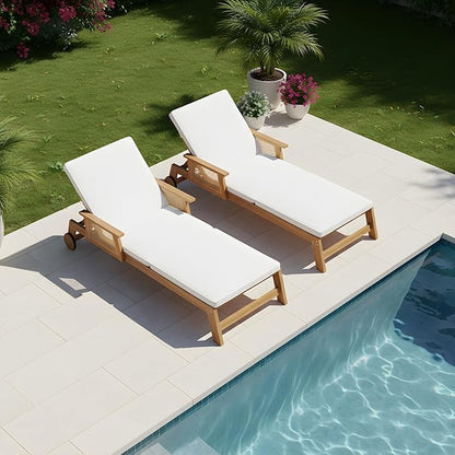 Merax 2-Pieces Retro Acacia Wood Outdoor Chaise Lounge with Wheels & 3-Position Adjustable Backrest, Vintage Wicker Sun Lounger with Plush Removable Cushion for Patio, Garden & Poolside, Acacia Wood