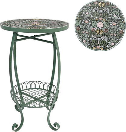 Vintage Floral Ceramic Top Side Table, 14" 2-Tier Green Metal End Table with Storage Basket, Indoor Outdoor Plant Stand for Living Room, Patio, Garden Decor