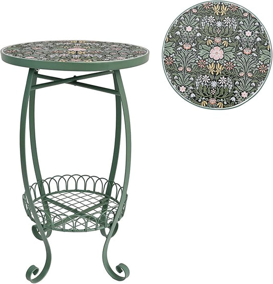 Vintage Floral Ceramic Top Side Table, 14" 2-Tier Green Metal End Table with Storage Basket, Indoor Outdoor Plant Stand for Living Room, Patio, Garden Decor