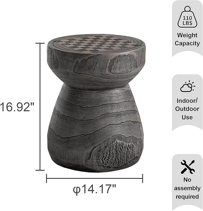 HOMPUS Outdoor Side Table with Checkerboard Grain Tabletop, Concrete Patio Table Mushroom Shaped, MgO Lightweight Round End Table Modern Vintage Round Coffee Table for Indoor Outdoor Use, Grey