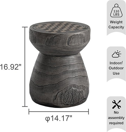 HOMPUS Outdoor Side Table with Checkerboard Grain Tabletop, Concrete Patio Table Mushroom Shaped, MgO Lightweight Round End Table Modern Vintage Round Coffee Table for Indoor Outdoor Use, Grey