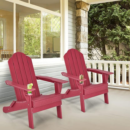 Tangkula Outdoor Folding Adirondack Chair, HDPE Armchairs with Cup Holder, Weather Resistant Lounger Chair for Patio Garden Fire Pit Backyard, Lawn Porch Seating, Adirondack Lounger (2, Red)