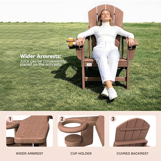 Mdeam 3-Position Adjustable Adirondack Chairs Set of 2, 400LBS Capacity, Cup Holder, Wooden Textured, All-Weather HDPE Folding Fire Pit Outdoor Chairs for Poolside Deck Patio Garden Yard Lawn - Teak