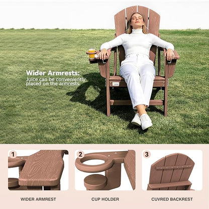 Mdeam 3-Position Adjustable Adirondack Chairs Set of 2, 400LBS Capacity, Cup Holder, Wooden Textured, All-Weather HDPE Folding Fire Pit Outdoor Chairs for Poolside Deck Patio Garden Yard Lawn - Teak