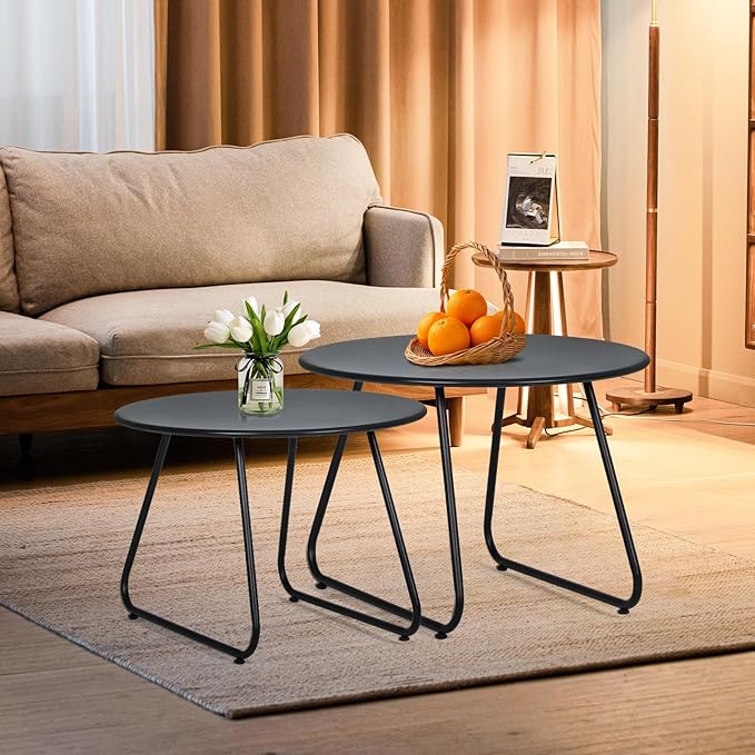 MoNiBloom Black Outdoor Patio Nesting Side Tables Set of 2, Weather Resistant 24" Round Steel Coffee Tables for Garden Balcony Porch Backyard Lawn Deck Yard Poolside Outside
