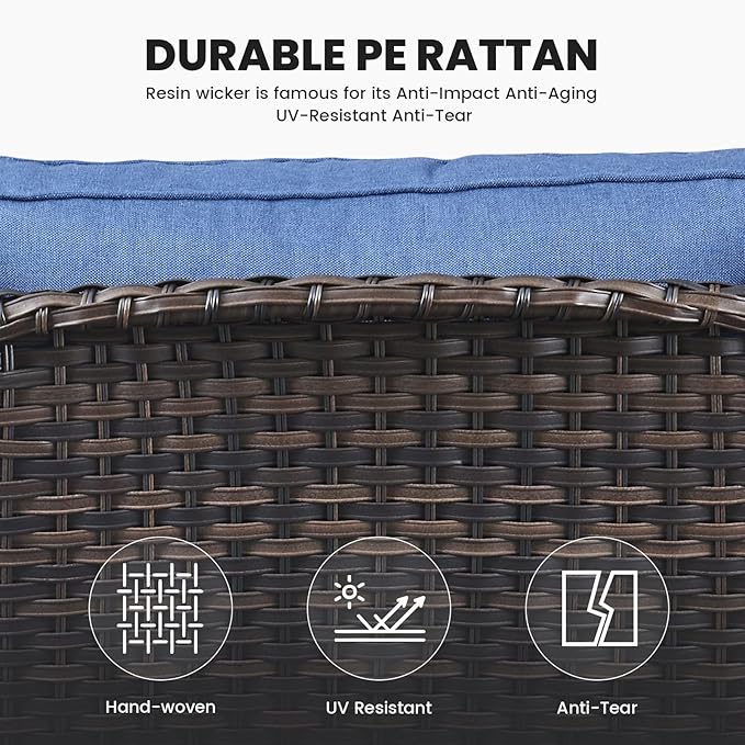 Belord High Back Patio Chairs Set of 2 - Brown Wicker Chairs Outdoor Seating, 4" Wide Armrests Rattan Outdoor Club Chair with Blue Removable Cushion for Deck Porch Backyard