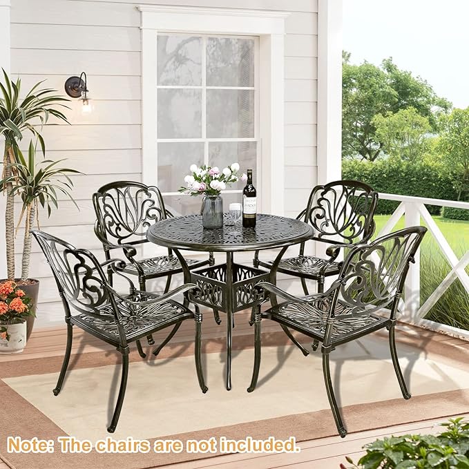 Outdoor Cast Aluminum Patio Table, 35.4” Round Bistro Table with 2” Umbrella Hole for Patio Furniture Garden Deck Backyard