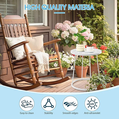 Outdoor Side Table with Flower Cut Outs 14" Weather Resistant Metal Patio Side Tables Small Plant Stand Round Outdoor End Table for Patio Outside Porch Balconies Garden(White,Fashion)