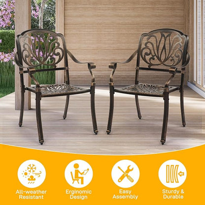 VINGLI Patio Chairs Set of 2, All-Weather Cast Aluminum Outdoor Dining Chairs, Metal Armchairs for Poolside, Backyard, Balcony (2, Elizabeth Back Without Cushion)
