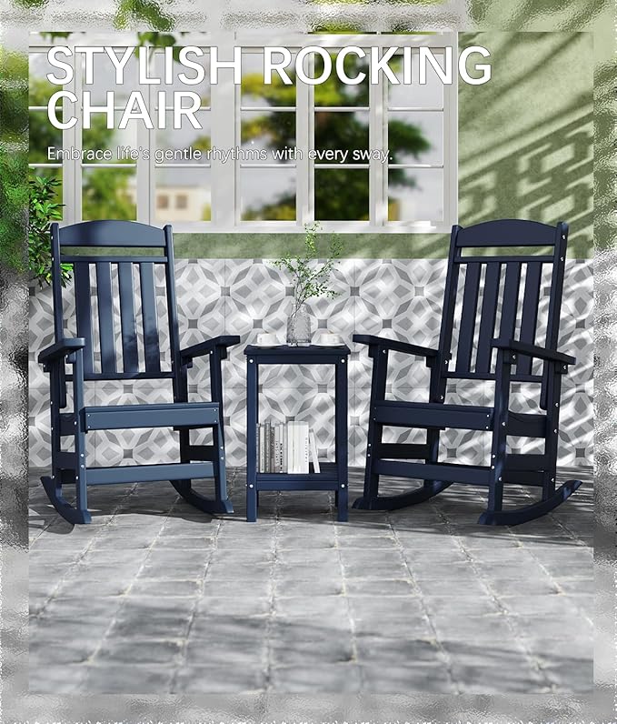 FOOWIN Outdoor Rocking Chair Set of 6, High Back Patio Rocking Chair, HDPE All Weather Resistant Porch Rocker for Adult, Oversized Rocking Chairs for Garden, Lawn, Indoor & Outdoor Use, Navy Blue