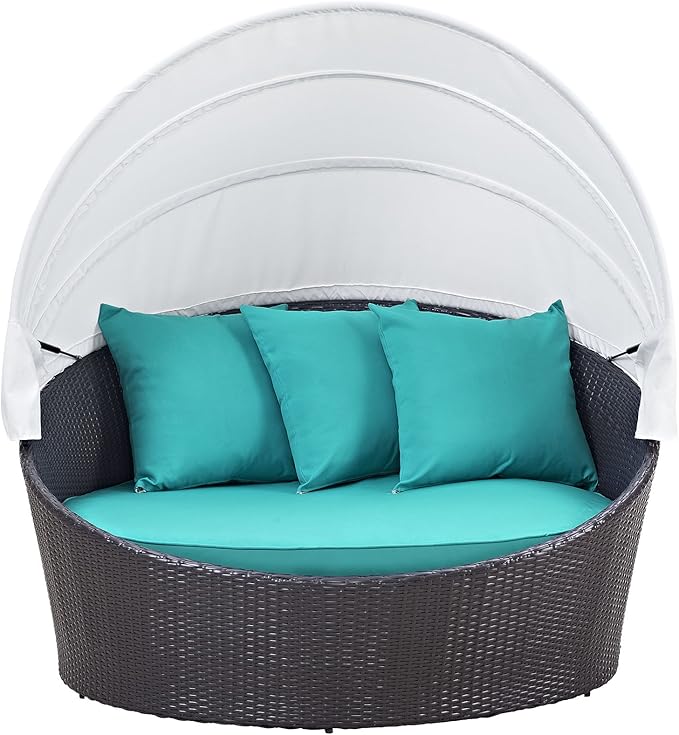 Modway Convene Wicker Rattan Outdoor Patio Retractable Canopy Round Poolside Sofa Daybed in Espresso Turquoise - Photo 6