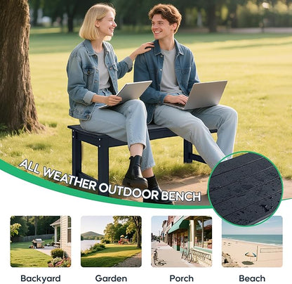 Weatherproof HIPS Outdoor Bench, 2-Person Patio Dining Bench, All-Weather Poly Lumber Garden Bench, Never Rot or Fade, Park Bench with Wood Grains for Porch, Garden, Deck, Entryway, Black