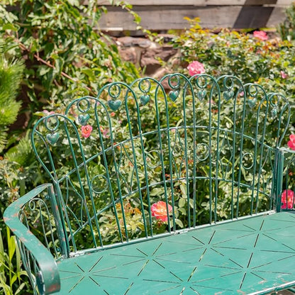 Zaer Ltd. Vintage Style Metal Patio Furniture with Heart Design Accents, Outdoor/Indoor Decor (Antique Green, Garden Bench)