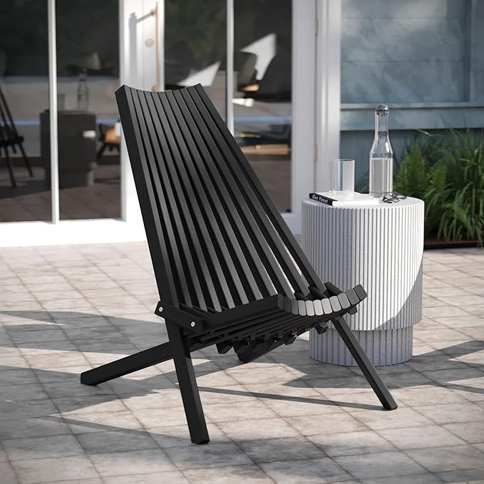 EMMA + OLIVER Durham Folding Chair for Indoor/Outdoor Use, Weather-Resistant Acacia Wood Construction, Low Profile Lounge Chair, Perfect for Sunroom/Patio, Black