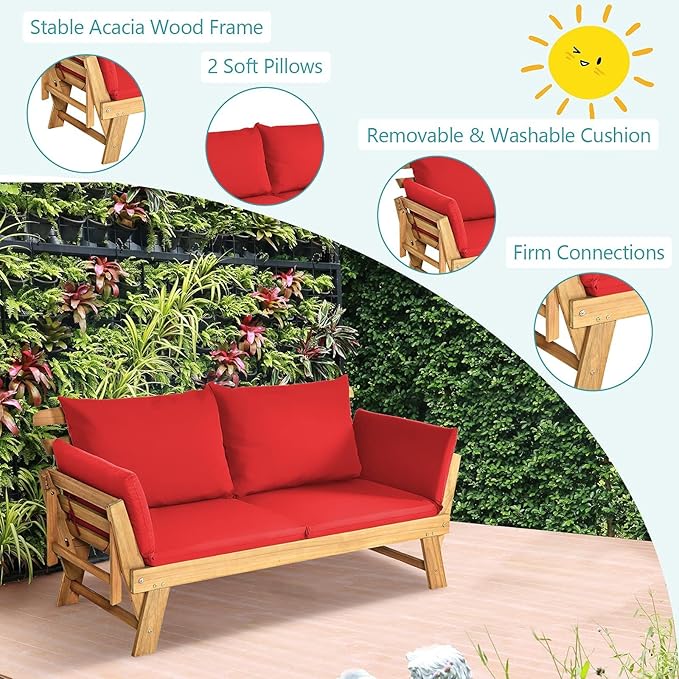DORTALA Patio Convertible Couch Sofa Bed, Acacia Wood Daybed w/Adjustable Armrest, Collapsible Chaise Lounge w/Cushions & Pillows, Outdoor Loveseat for Poolside, Courtyard (Red)