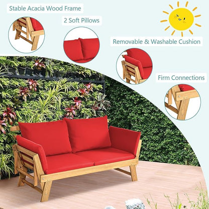 DORTALA Patio Convertible Couch Sofa Bed, Acacia Wood Daybed w/Adjustable Armrest, Collapsible Chaise Lounge w/Cushions & Pillows, Outdoor Loveseat for Poolside, Courtyard (Red)