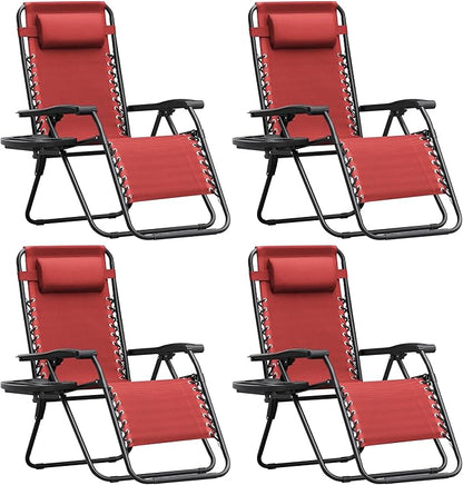 Homall Zero Gravity Chair Patio Folding Lawn Outdoor Lounge Gravity Camp Reclining Lounge Chair with Cup Holder Pillows for Poolside Backyard and Beach Set of 4 (Red)