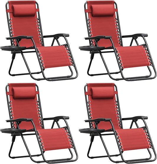 Homall Zero Gravity Chair Patio Folding Lawn Outdoor Lounge Gravity Camp Reclining Lounge Chair with Cup Holder Pillows for Poolside Backyard and Beach Set of 4 (Red)