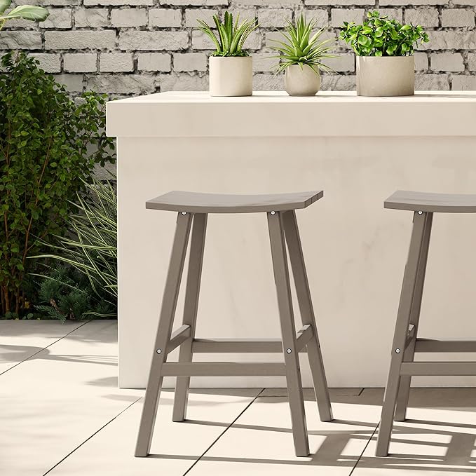 WestinTrends Malibu 29 Inch Outdoor Bar Stools, All Weather Resistant Poly Lumber Adirondack Bar Height Stools, Weathered Wood