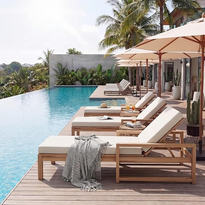 Outdoor Chaise Lounge Chair Set of 2, Patio Chaise Lounge Recliner with Adjustable Backrest, Acacia Wood Poolside Chaise Lounge with Thick All-Weather Cushions for Patio, Deck and Backyard(B)
