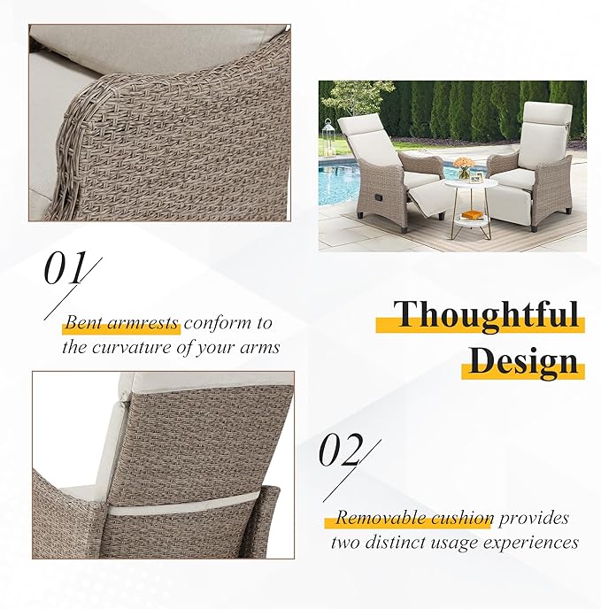 HOMREST Outdoor Recliner Chair Set of 2, Wicker Reclining Chair with Adjustable Backrest up to 150°, Rattan Armchair with Integrated Footrest Removable Cushion or Porch Garden,Light Gray