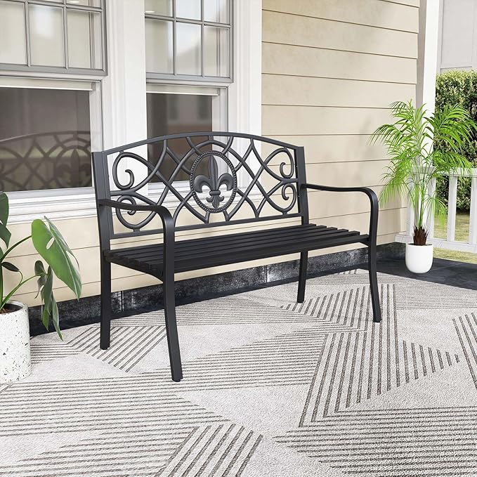 Giantex 50.5” Outdoor Bench with Metal Frame, Floral Design Cast Iron Backrest, Slatted Seat, Adjustable Foot Pads, Load 660Lbs, Garden Bench for Outside Patio Backyard Porch Park, Black