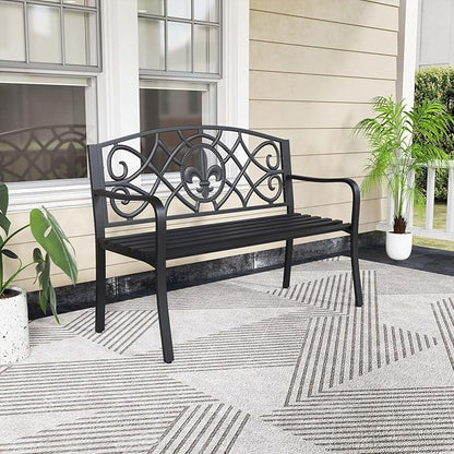 Giantex 50.5” Outdoor Bench with Metal Frame, Floral Design Cast Iron Backrest, Slatted Seat, Adjustable Foot Pads, Load 660Lbs, Garden Bench for Outside Patio Backyard Porch Park, Black