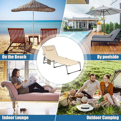 Giantex Lounge Chair Chaise Lounger, Beach Recliner with Mattress, 4 Adjustable Reclining Position, Pillow, Side Pocket for Beach, Sunbathing, Patio, Pool, Lawn, Deck Folding Camping Cot (2, Beige)