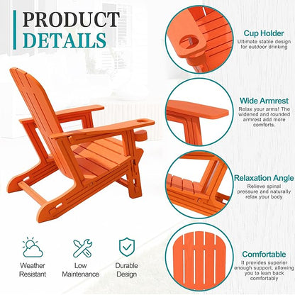 JY QAQA Outdoor Adirondack Chair Set of 2, All-Weather HDPE Patio Furniture with Detachable Table, Wood Texture & Cup Holder for Patio, Poolside, Garden, Orange