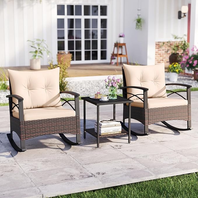 Tangkula 3 Pieces Outdoor Rocking Chairs Set, Rattan Heavy Duty Cushioned Rocker Chairs with 2-Tier Tempered Glass Coffee Table, for Garden, Balcony, Backyard (Beige)