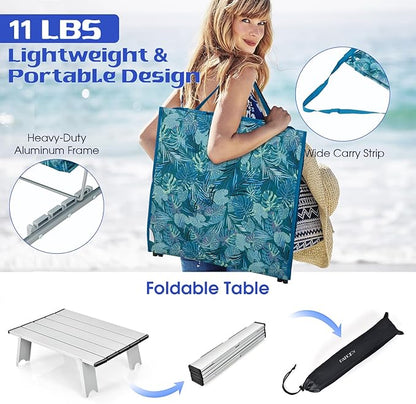 Tangkula 3 Pieces Beach Chairs for Adults, Lightweight Lawn Lounge Chairs with 5 Adjustable Recline Position, Zipper Pocket, Backpack 2 Pack Beach Chairs Set with Folding Side Table (Teal)