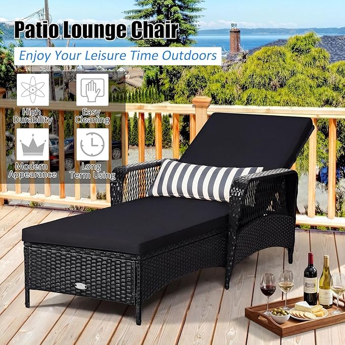 COSTWAY PE Rattan Chaise Lounge Chair, 6 Gear Adjustable Recliner with Armrest & Pillow, Wicker Outdoor Furniture for Deck, Patio (1, Black+White)