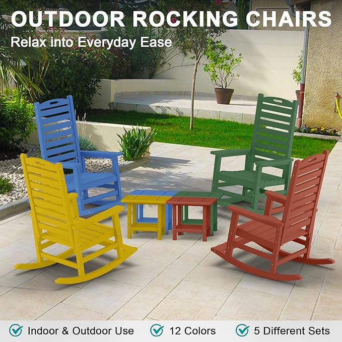 PLUUV Outdoor Rocking Chair with Removable Footboard for Adults, HDPE High Back Patio Rocking Chairs, 330lbs All Weather Porch Rocking Chairs for Outdoor & Indoor -Navy Blue