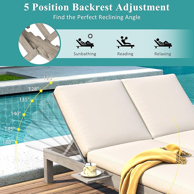 Acacia Wood Outdoor Patio Daybed Sunbed with 5-Position Adjustable Backrest, All Weather Double Chaise Lounge with Cushion and Folding Side Trays for Poolside Garden (Gray-3.20)