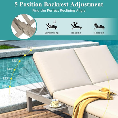 Acacia Wood Outdoor Patio Daybed Sunbed with 5-Position Adjustable Backrest, All Weather Double Chaise Lounge with Cushion and Folding Side Trays for Poolside Garden (Gray-3.20)