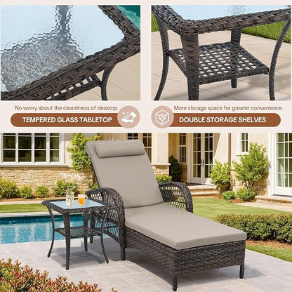 HOMEDIARY Outdoor Wicker Lounge Chair Set, 6-Position Adjustable Patio Chaise Lounge w/Side Table, All Weather Lay Flat Pool Sunbathing Recliner, Armrest & Head Pillow, Fade-Resistant, Beige