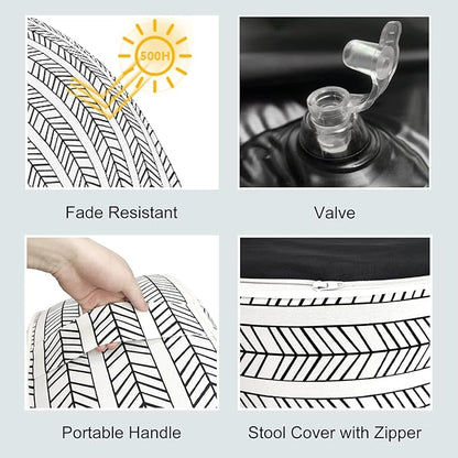 LVTXIII Indoor/Outdoor Inflatable Ottoman with Handle D21 x H9 Inch, Weather-Resistant Round Footstool Pouf for Patio Camping Living Room, Portable Footrest Extra Seating, Herringbone Black White