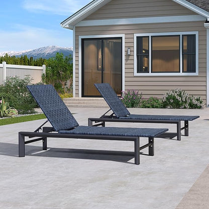 PURPLE LEAF Patio Oversized Chaise Lounge Rattan Chair Set of 2 Outdoor Pool Adjustable Recliner Wicker Chairs for Outside Woven Furniture Tanning Poolside Lounger Navy Blue