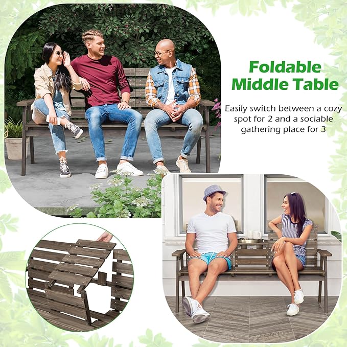 HAPPYGRILL Outdoor Fir Wood Bench with Foldable Middle Table, 2-3 Person Patio Garden Bench with Armrests and Backrests, Wooden Loveseat Chair with 710lbs Capacity (Coffee)