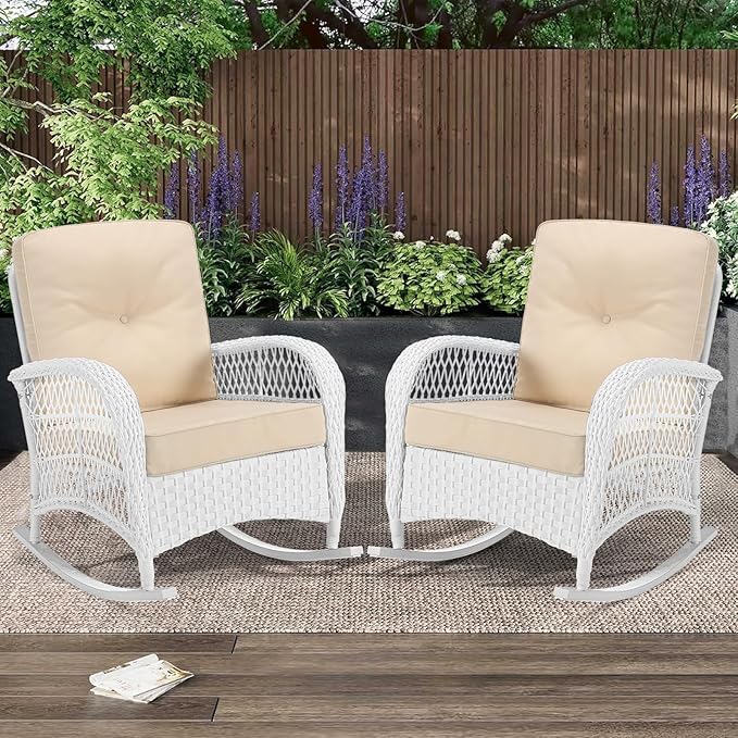 MEETWARM Outdoor Wicker Rocking Chairs Set of 2, Rattan Patio Rocker Chairs with Thick Cushions and High Back, All-Weather Patio Wicker Chair with Safe Rocking Design for Garden, White/Beige