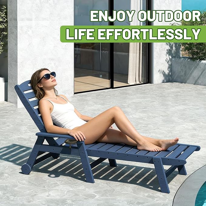 Outdoor Lounge Chairs, 78'' Long Patio Lounge Chair HDPE 5-Position Adjustable with Cup Holder & Rolling Wheels, Pool Lounge Chair for Sunbathing Tanning, Deck, Poolside -Dark Blue
