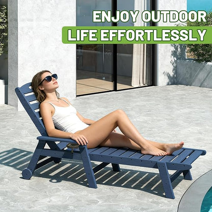 Outdoor Lounge Chairs, 78'' Long Patio Lounge Chair HDPE 5-Position Adjustable with Cup Holder & Rolling Wheels, Pool Lounge Chair for Sunbathing Tanning, Deck, Poolside -Dark Blue