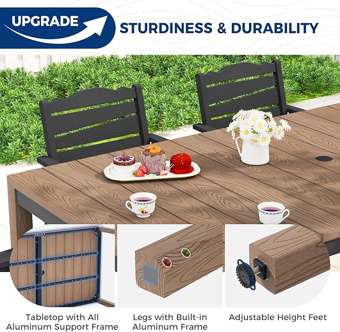 Outdoor Dining Table, Weatherproof 63" Rectangle HIPS Patio Dining Table for 6, with 2" Umbrella Hole - Photo 7