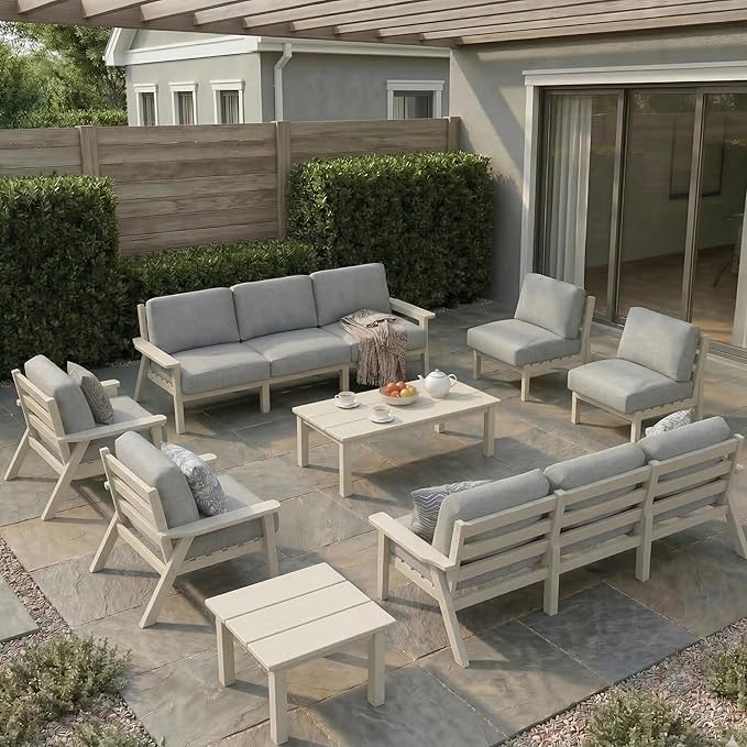 HDPE Patio Furniture Set 10 Seats, Outdoor Couch with Washable Thick Gray Cushions & Coffee Table & Side Table, Outdoor Sectional Furniture for Backyard, Deck, Lawn, Porch (White Frame)