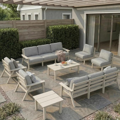HDPE Patio Furniture Set 10 Seats, Outdoor Couch with Washable Thick Gray Cushions & Coffee Table & Side Table, Outdoor Sectional Furniture for Backyard, Deck, Lawn, Porch (White Frame)