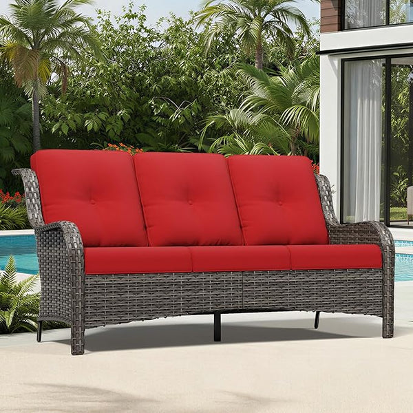 Joyside Outdoor Patio Couch, 3 Seater Outdoor Wicker Sofa with High Back, Deep Seating, Wide Armrest, Thickened Cushions - Photo 1